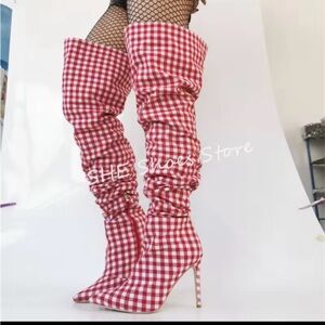 Red Gingham Knee-High Boots